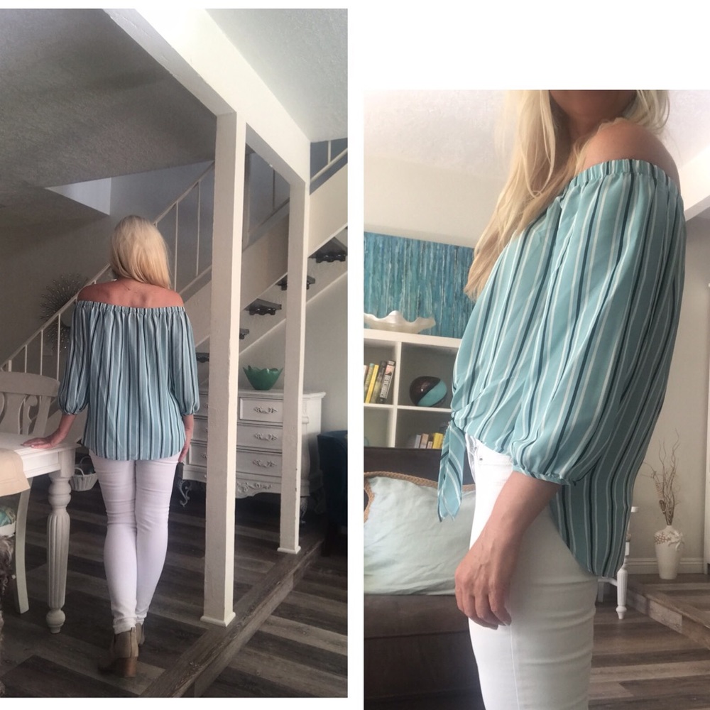☕️Turquoise Striped Off the Shoulders Top 🌟 - Picture 3 of 3